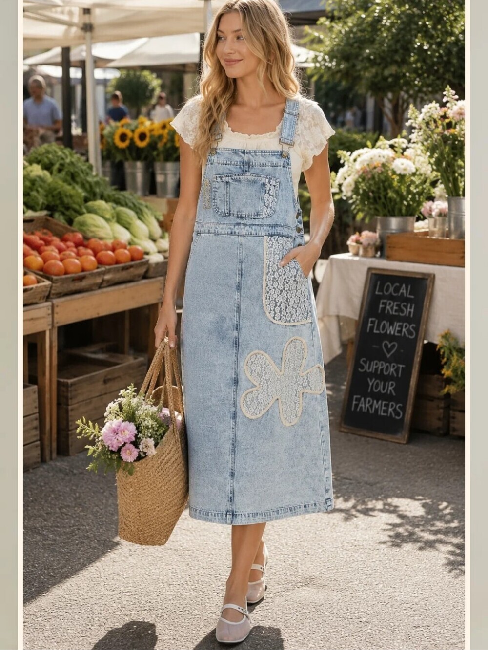 easel Light Blue Denim Lace-Appliqué Overall Dress Size Large